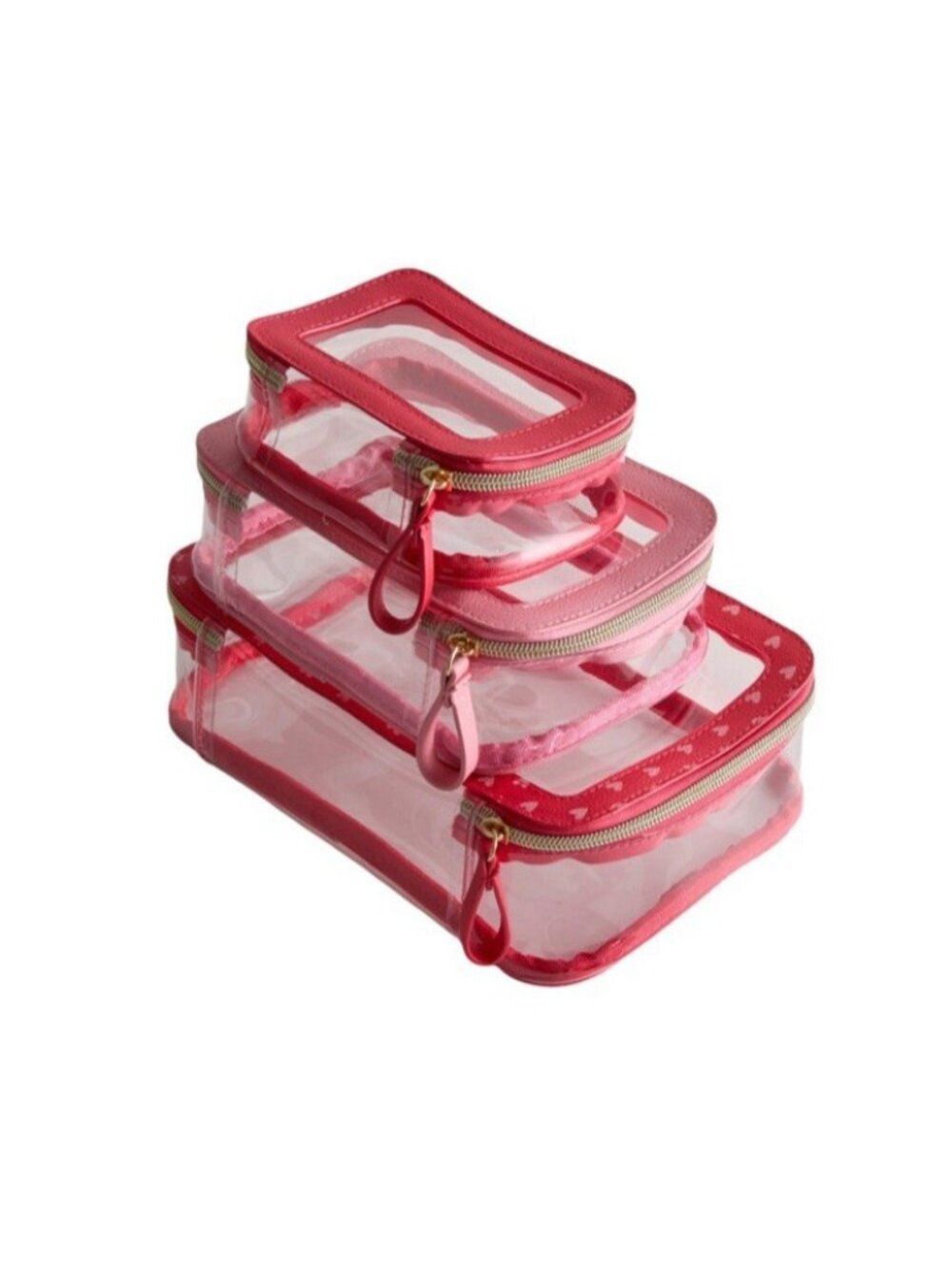 Primark Pink Heart Border Clear 3 Piece Set Cosmetic Pouch Makeup Bag Bags NWT